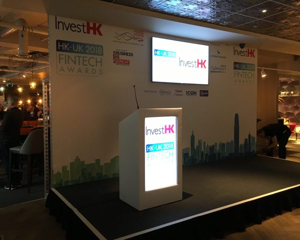 Stage with Seamless Backdrop with Large 55 Inch Centre Screen, Stage and Digital Lectern