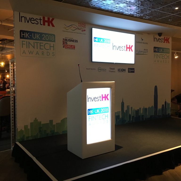 Stage with Seamless Backdrop with Large 55 Inch Centre Screen, Stage and Digital Lectern