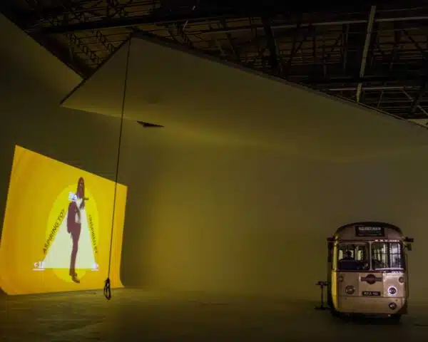 Vintage bus with a Projector backdrop